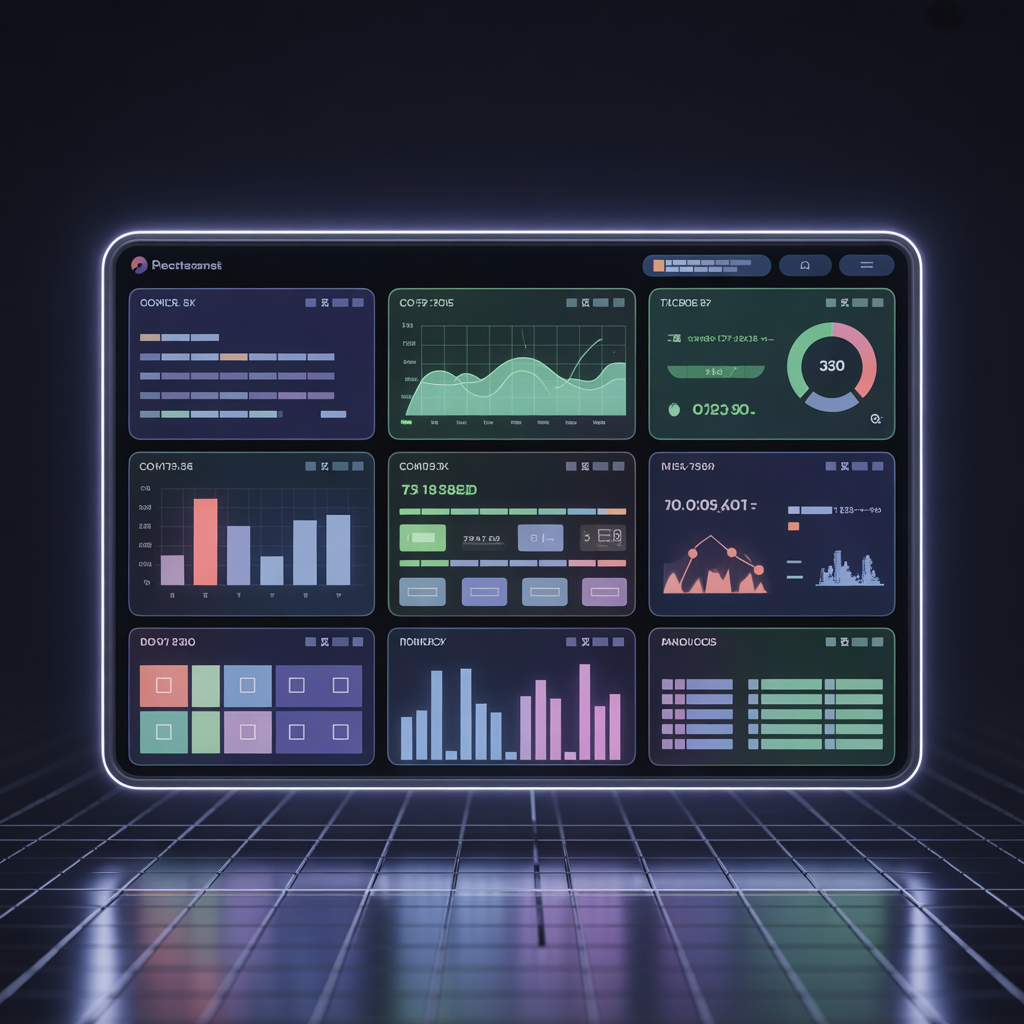 A glowing digital dashboard with charts, task boards, and analytics on a dark background, no people